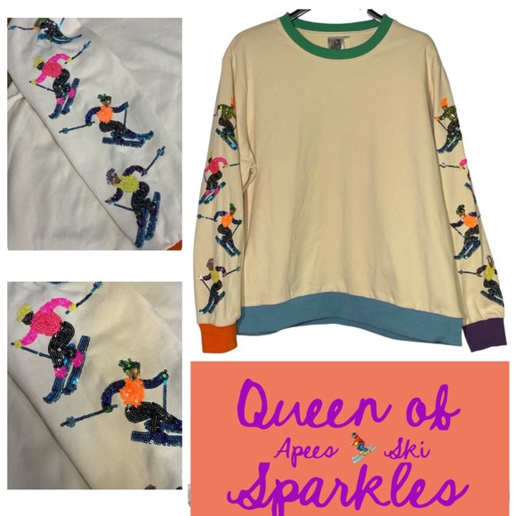 QUEEN OF SPARKLES Tops - Queen of Sparkles Ski Sequin Sleeve Sweatshirt Large HTF Sold Out Bling